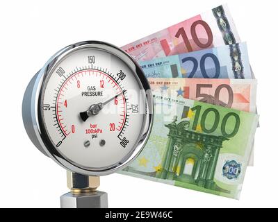 Misuratore di pressione a gas con banconote in euro. Il prezzo del gas e il concetto di pagamento delle spese di riscaldamento. illustrazione 3d Foto Stock