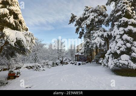 Mattina e un'altra nevicata pesante copre il piccolo cottage brughiera e giardino Foto Stock