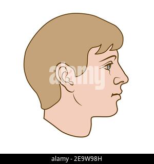 Modello disegnato a mano della testa umana in vista laterale. Capelli biondi, volto neutro di genere. Disegno vettoriale piatto colorato isolato su sfondo bianco. EPS 8. Illustrazione Vettoriale