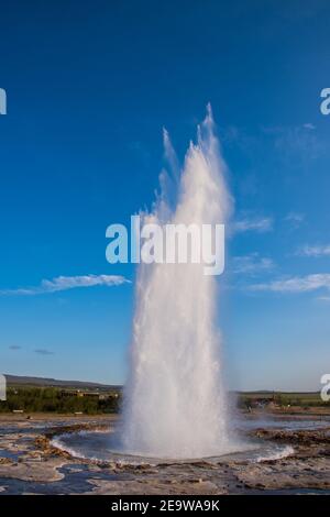 Geyser Strokkur nella zona di Geysir in Islanda che eruttano sopra una giornata estiva di sole Foto Stock