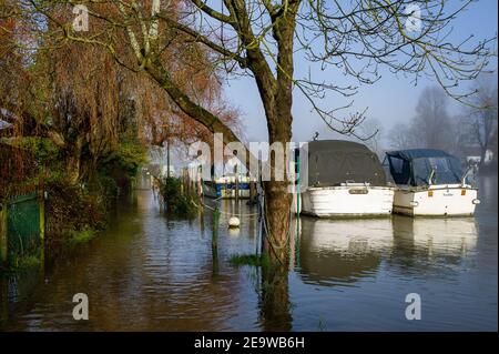 Bourne End, Buckinghamshire, Regno Unito. 6 febbraio 2021. Un avvertimento di alluvione è in atto per il Tamigi a Bourne fine dopo un periodo di pioggia sostenuta la settimana scorsa. Il Tamigi Path è allagato e giardini di proprietà vicino al Tamigi. Anche se i livelli dell'acqua sono scesi un po', si prevede che l'inondazione di proprietà, strade e terreni agricoli continui. Credit: Maureen McLean/Alamy Live News Foto Stock