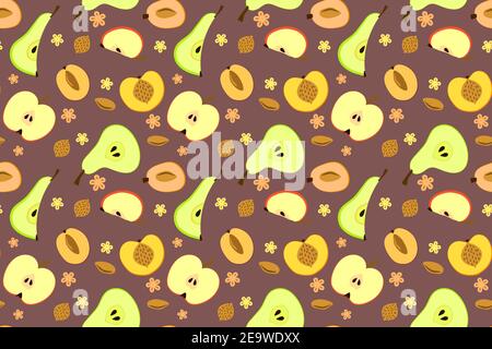 Fette di frutta fresca motivo vettoriale senza cuciture. Mele, pere, albicocche e pesche fondo di tessuto Illustrazione Vettoriale