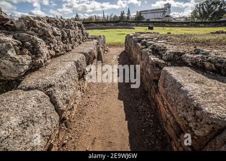 Tribuna nord ingresso della Città Imperiale Circo di Emerita Augusta, Merida, Spagna. Uno dei più grandi dell'Impero Romano Foto Stock