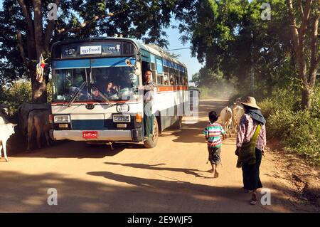 BAGAN, MYANMAR - 18 NOVEMBRE 2015: Autobus sulla strada rurale in villaggio, vista di persone e bestiame su strada rurale remota con autobus sotto alberi verdi. Mingalaze Foto Stock