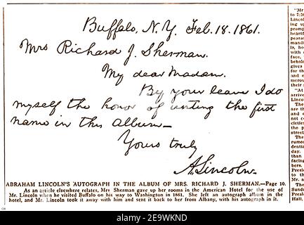 1909 - UN ARTICOLO DEL QUOTIDIANO LOCALE DI BUFFALO (USA) CHE MOSTRA IL MESSAGGIO INVIATO DAL PRESIDENTE ABRAHAM LINCOLN CON LA SUA AUTOGRAPH, DI NUOVO ALL'HOTEL AMERICANO A BUFFALO DOPO UNA VISITA IN CUI UNA SIGNORA SHERMAN HA RINUNCIATO ALLA SUA STANZA PER LUI. Foto Stock