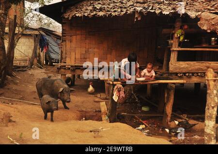 CHIANG mai, THAILANDIA - 1 MARZO 2013: Persone in povero villaggio orientale, vista di bambini e bestiame in villaggio tradizionale con semplici case di legno. N Foto Stock