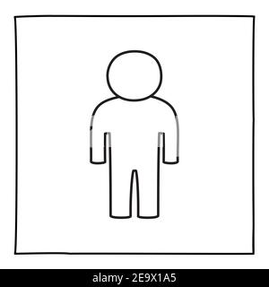 Doodle uomo o persona senza genderless icona o logo, mano disegnata con sottile linea nera. Illustrazione Vettoriale