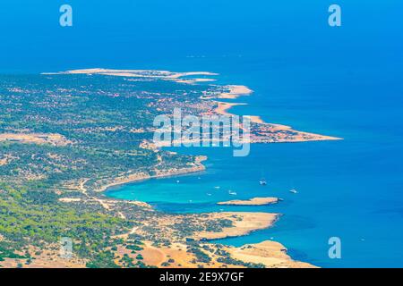 Vista aerea della Laguna Blu e delle altre baie di Akamas penisola di Cipro Foto Stock