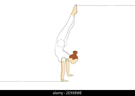 Silhouette di una ragazza ginnasta in piedi sulle sue mani. Un disegno di linea con pelle e capelli verniciati. Illustrazione vettoriale. Illustrazione Vettoriale