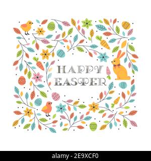 Carino coniglietto di Pasqua in decorazione vettoriale modello fiori di primavera Illustrazione Vettoriale