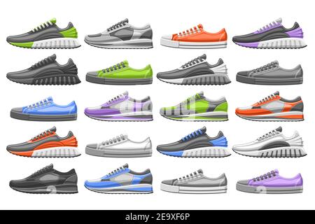 Vector Sneakers Set, 20 illustrazioni ritagliate di diverse sneakers da calcio e da calcio multicolore, in bianco e nero, gruppo di molti ragazzi e ragazze d Illustrazione Vettoriale