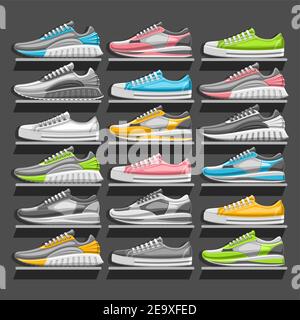 Vector Sneakers Set, 18 illustrazioni ritagliate di varie sneakers multicolore, in bianco e nero e stile urbano - vista laterale, gruppo di uomini e. Illustrazione Vettoriale
