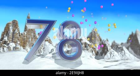 Numero 78 in spessa font blu su una montagna innevata con montagne rocciose paesaggio con neve e palloncini rossi, gialli e viola che volano sullo sfondo. Foto Stock