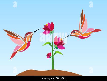 Hummingbirds e fiori su sfondo blu sfumato, design d'arte Illustrazione Vettoriale