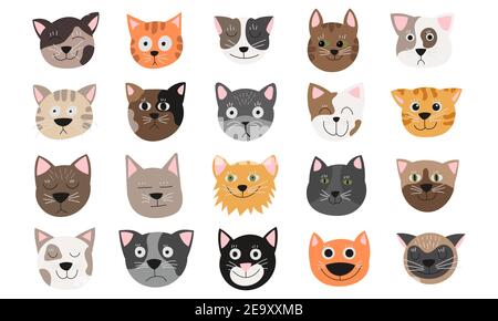 Divertente immagine vettoriale del set di facce di gatto emozioni. Carino animale faccia gatto teste raccolta. Icona bianca isolata del cucciolo del cucciolo del cartone animato. Disegno avatar felice d Illustrazione Vettoriale
