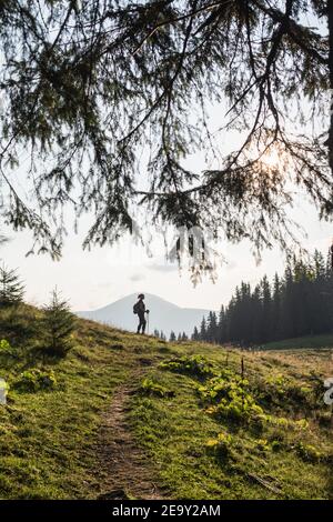 Donna escursioni con zaino e bastoni da trekking in estate. Turismo naturalistico sulle montagne ucraine dei Carpazi con Hoverla sullo sfondo. Verticale ori Foto Stock