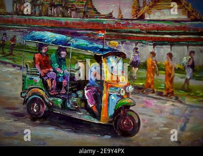 Arte, pittura, olio, colore, tuk tuk auto Tempio, thailandia, taxi, Buddha di Smeraldo, Wat phra keaw Foto Stock