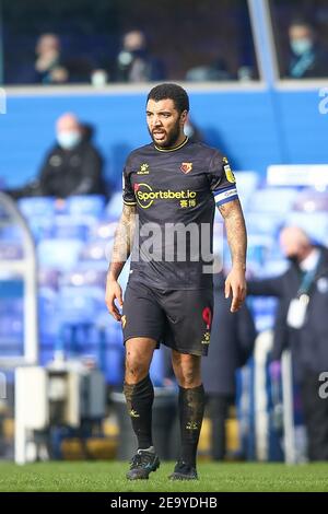 Birmingham, Regno Unito. 06 febbraio 2021. Troy Deeney n.9 di Watford a Birmingham, Regno Unito il 2/6/2021. (Foto di Simon Bissett/News Images/Sipa USA) Credit: Sipa USA/Alamy Live News Foto Stock