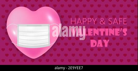 San Valentino in coronavirus concept vettore in stile realistico. Big pink 3d cuore sta indossando maschera medica. Felice e sicuro durante la quarantena a valenti Illustrazione Vettoriale