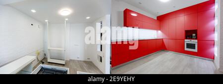 Nuova cucina prima e dopo il rinnovo - cucina bianca Foto Stock