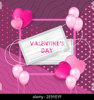 San Valentino in coronavirus concept vettore in stile realistico. Big pink 3d cuore sta indossando maschera medica. Felice e sicuro durante la quarantena a valenti Illustrazione Vettoriale