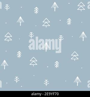 Albero di Natale vettore senza giunture, ripetizione modello. Alberi bianchi su sfondo blu. Illustrazione Vettoriale