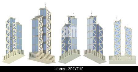 Set di 5 rendering di case finanziarie di design immaginario con due torri con riflesso cielo - isolato su bianco, vista bassa illustrazione 3d di architettura Foto Stock