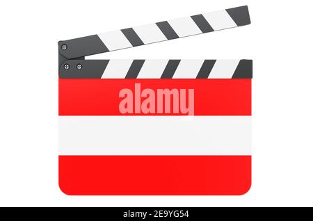 Clapperboard con bandiera austriaca, concetto di industria cinematografica. Rendering 3D isolato su sfondo bianco Foto Stock