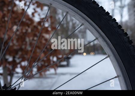 ruota in bicicletta su strada innevata e foglie secche Foto Stock