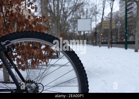 ruota in bicicletta su strada innevata e foglie secche Foto Stock