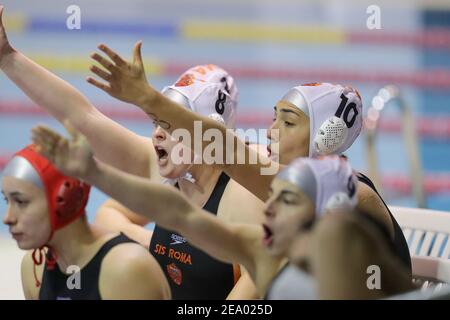 SIS Roma durante SIS Roma vs BVSC Budapest, Waterpolo Eurolega incontro femminile a Roma, Italia. , . Febbraio 06 2021 (Foto di IPA/Sipa USA) Credit: Sipa USA/Alamy Live News Foto Stock