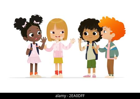 Gruppo di amici della scuola parlano tra loro.amici della scuola Buon divertimento. Gli amici multiculturali si divertono Illustrazione Vettoriale