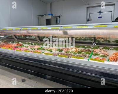 Orlando, FL USA - 18 Gennaio 2021: La navata di pesce di un Bravo Market Grocery Store a Orlando, Florida. Foto Stock