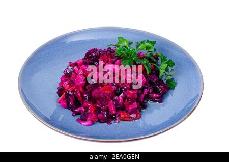 Insalata vegetale di barbabietole a dadini, carote e patate con olio vegetale. Foto Foto Stock