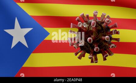 Catalonia indipendente bandiera ondulazione e Coronavirus 2019 nCov concetto. Epidemia asiatica in catalano estelada, coronavirus influenza come pericolosa stra influenzale Foto Stock