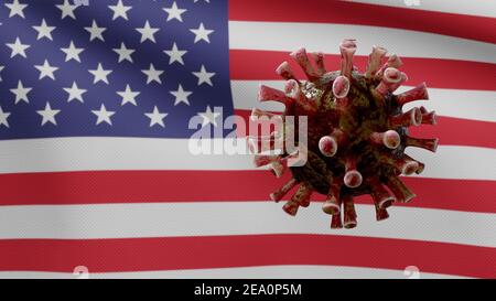 Influenza coronavirus fluttuante sulla bandiera americana, un patogeno che attacca le vie respiratorie. USA banner ondulato con pandemia di infezione da virus Covid19 Foto Stock
