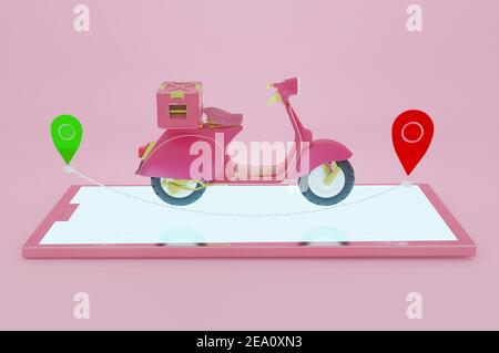 Illustrazione 3d , pacchetto di consegna in scooter su cellulare rosa . Ordinare il pacchetto in e-commerce per app. Foto Stock