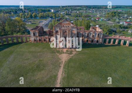 Vista dall'alto delle antiche rovine del palazzo dei principi Sapieha in un giorno soleggiato di aprile (girato da un quadricottero). Ruzhany, Bielorussia Foto Stock