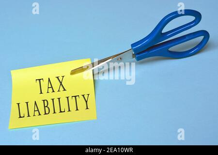 Forbici che tagliano il blocco note giallo con il testo della responsabilità fiscale su sfondo di carta blu Foto Stock
