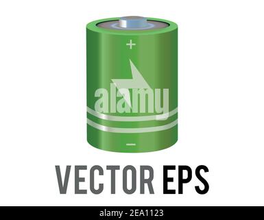 L'icona della cella della batteria di ricarica del cilindro verde vettoriale isolato con il simbolo del segno più, meno Illustrazione Vettoriale