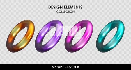 Insieme di rendering 3d realistico sfumatura di colore metallizzato forme geometriche oggetti elementi per la progettazione isolati su sfondo trasparente. Vettore Illustrazione Vettoriale