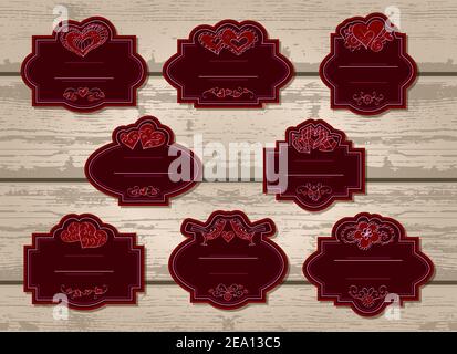 Serie vettoriale di etichette con elementi di San Valentino: Cuori, fiori e uccelli d'amore. Di colore rosso. Illustrazione Vettoriale