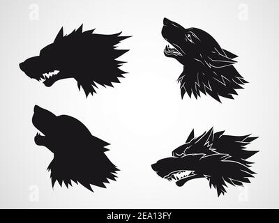 Serie vettoriale di teste di lupo disegnate a mano. Silhouette nera e stencil. Illustrazione Vettoriale