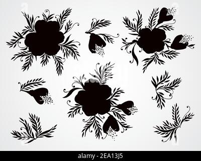 Serie vettoriale di sagome nere Fiori, rami e foglie disegnati a mano. Illustrazione Vettoriale