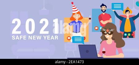 Festa virtuale online. Le persone che si incontrano online con la famiglia o gli amici per festeggiare il Capodanno sicuro o il buon Natale tramite videochiamata. Vettore Illustrazione Vettoriale