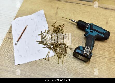 Trapano combinato a batteria per uso come trapano normale, trapano a percussione e cacciavite. Avvitatore a impulsi a batteria e viti autofilettanti per legno in cartone Foto Stock