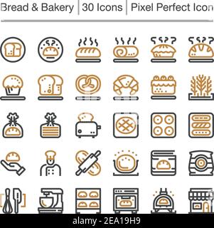 icona della linea del pane e della panetteria, tratto modificabile, icona pixel perfect Illustrazione Vettoriale