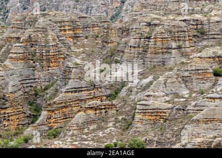 Affioramenti rocciosi in pietra arenaria nel Parco Nazionale di Isalo, Madagascar Foto Stock