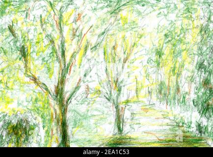 percorso nella foresta. Sentiero disegnato a mano sfondo verde Foto Stock