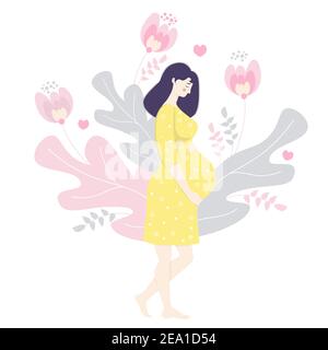 Maternità. Donna in gravidanza felice in un abito giallo con le mani delicatamente abbraccia il ventre. Si trova a piedi nudi sullo sfondo di foglie decorative, fiori Illustrazione Vettoriale